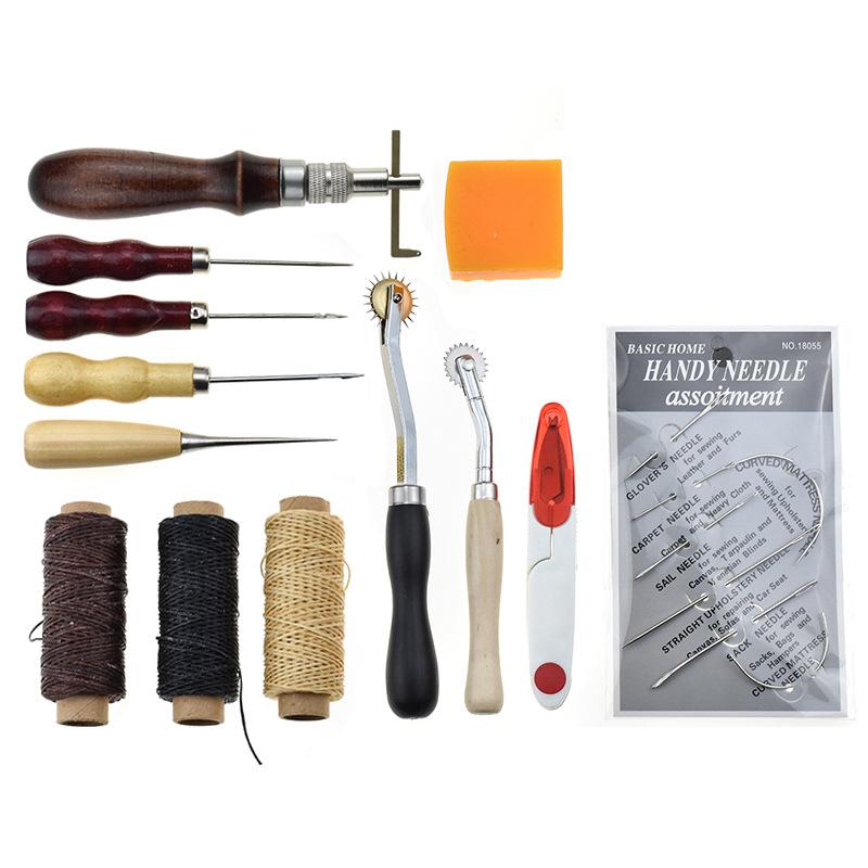 14pcs/set leather sewing DIY tools Handmade Hand Stitching sewing accessory leather working kit awl Crimper needle Wax line