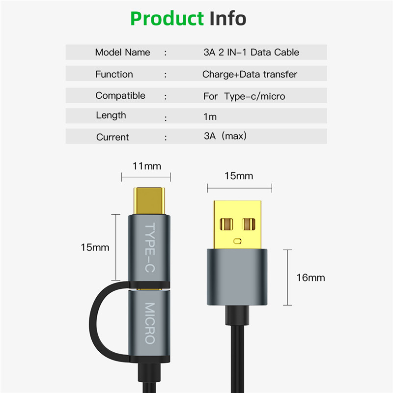 2 in 1 USB Data Cable Micro usb Type C Charger Cable for Samsung Fast Charging Mobile Phone Charge Cable for Xiaomi Huawei Honer