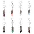 Natural Stone Hexagonal Prism Silver Feather Key Chain Gemstone Hexagon Healing Point Chakra Key Ring Crystal Charm Keychains