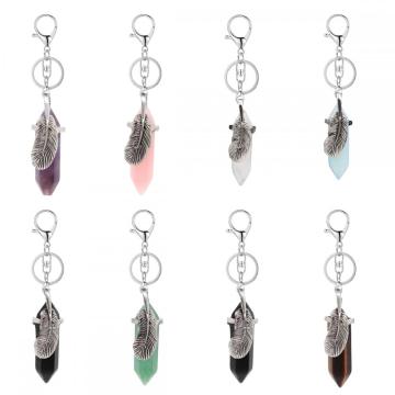 Natural Stone Hexagonal Prism Silver Feather Key Chain Gemstone Hexagon Healing Point Chakra Key Ring Crystal Charm Keychains