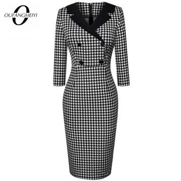 Vintage Classic Houndstooth Charming Fashion Chic Button V Neck Pencil Dress EB570
