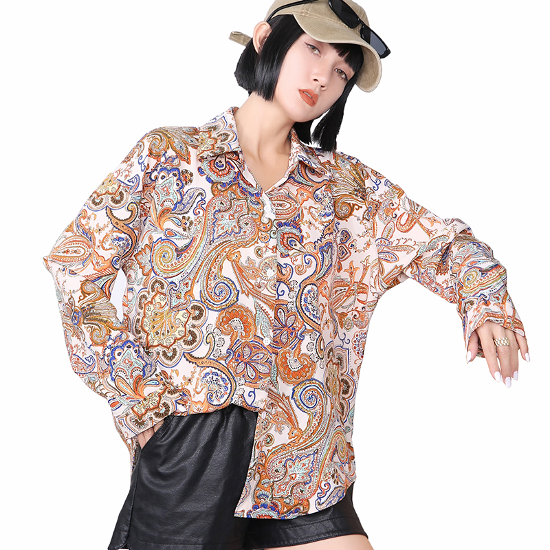YOMING YM028 Fashion Official Shirt Cashew Nuts Print Blouses Tops Turn-down Collar Long Sleeve Buttons Style Blouse Streetwear