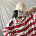 2019 Spring New ulzzang Harajuku bf polo shirt oversized tee-shirt top retro striped loose long sleeve women's t-shirt