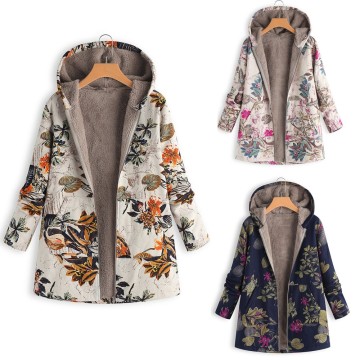 Hot Women Winter Warm Floral Hooded Jacket Flower Print Hoody Vintage Oversize Coats Winter Padded Jacket Women Parkas Fashion