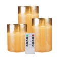 Amber Glass LED Flameless Candles Flickering with Remote,Battery Operated,For Wedding,Festival Decorations,Gift,3 Pack
