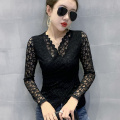 Fall Winter European Clothes T-shirt Fashion Sexy V-Neck Lace Irregularity Women Tops Ropa Mujer Bottoming Shirt Tees T08919L