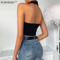 Sexy Halter Button Women Black Tank Top Turn-down Collar Sleeveless Backless Cropped Top Knitted Ribbed Summer White Top Vest