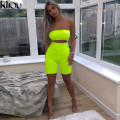 Kliou 2018 women sexy short fluorescence playsuits short hollow out strapless female sexy skinny solid party rompers bodysuits