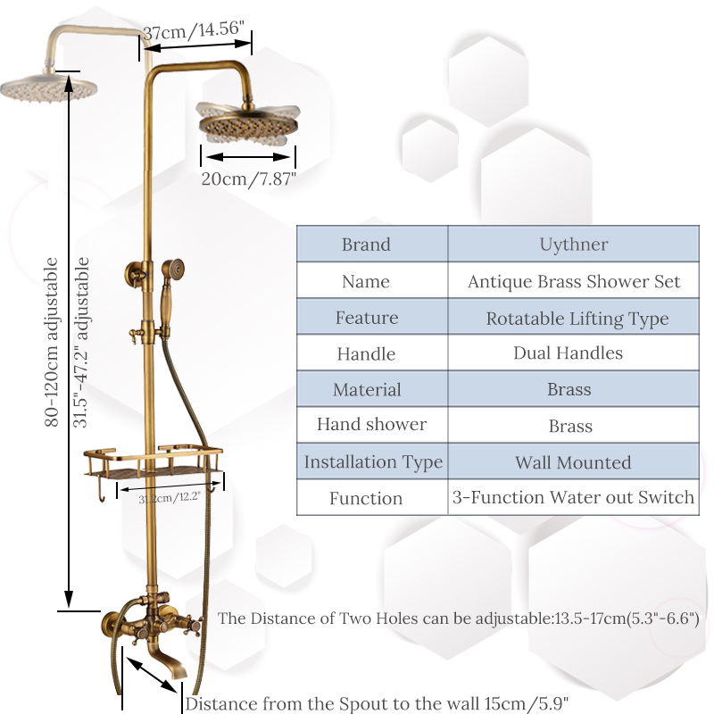 Uythner Shower Set Wall Mounted Antique Brass 8 Inch Round Rainfall Shower Head Wide Tub Spout Brass Hand Sprayer Mixer Tap