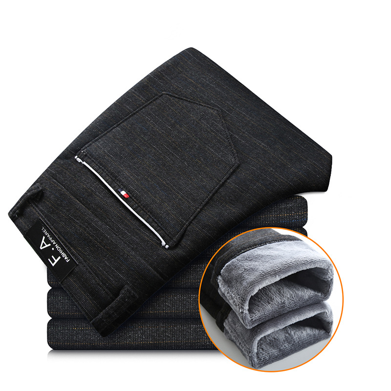 Brand Men's winter Fleece Fluff Thicken warm Casual Pants men Business Straight Elastic Thick Plaid cotton gray trousers male