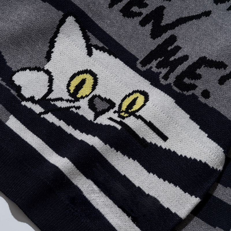 Men Sweater Cartoon Funny Cat Print O-Neck Pullover Sweaters Mens Soft Casual Trendy Fashion Autumn Streetwear Kitten Pattern