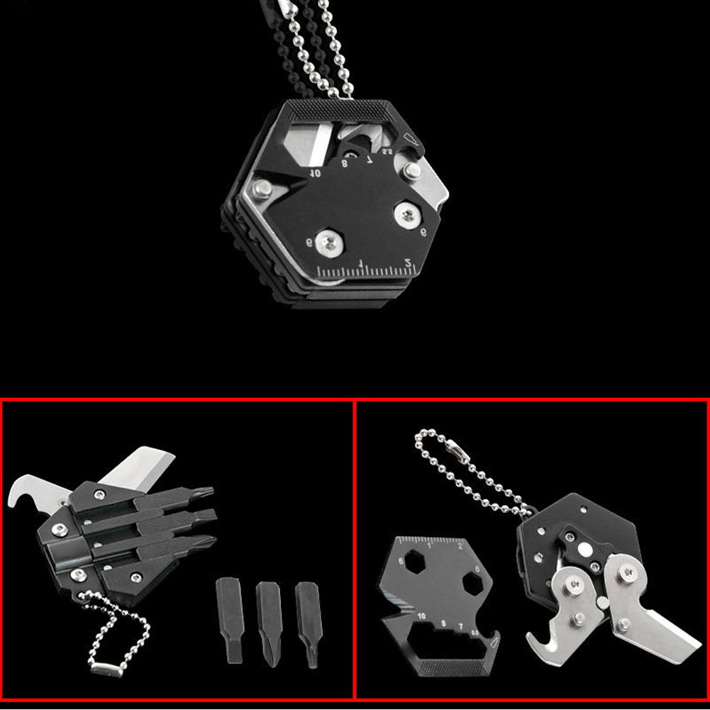 Multitool Keychain Hexagonal Kit Folding Mini Pocket Survival Tool Set Stainless Steel with Knife Micro Screw Driver Set Bottle