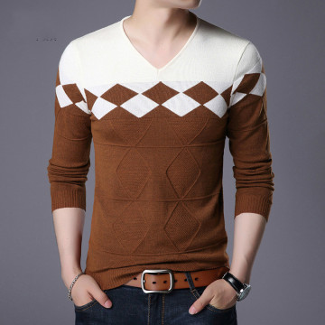 V-neck Long Sleeve Pullovers Man Casual Wear Argyle Knitwear Men's Sweaters Autumn Winter Slim Fit Sweater Male As Size 3XL
