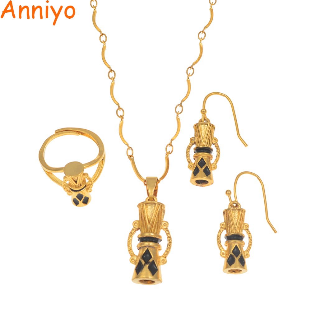 Anniyo Papua New Guinea Drum With Black Enamel Pendant Necklaces Earrings Free Size Ring Ethnic PNG Jewelry Sets #169206