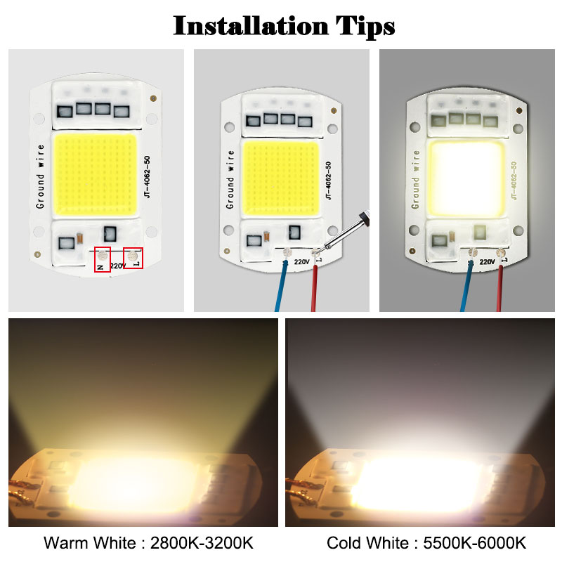 COB LED Lamp Chip Real Power 10W 20W 30W 50W LED Lamp Bulb 220V 240V IP65 Smart IC For DIY LED Flood Light Spotlight
