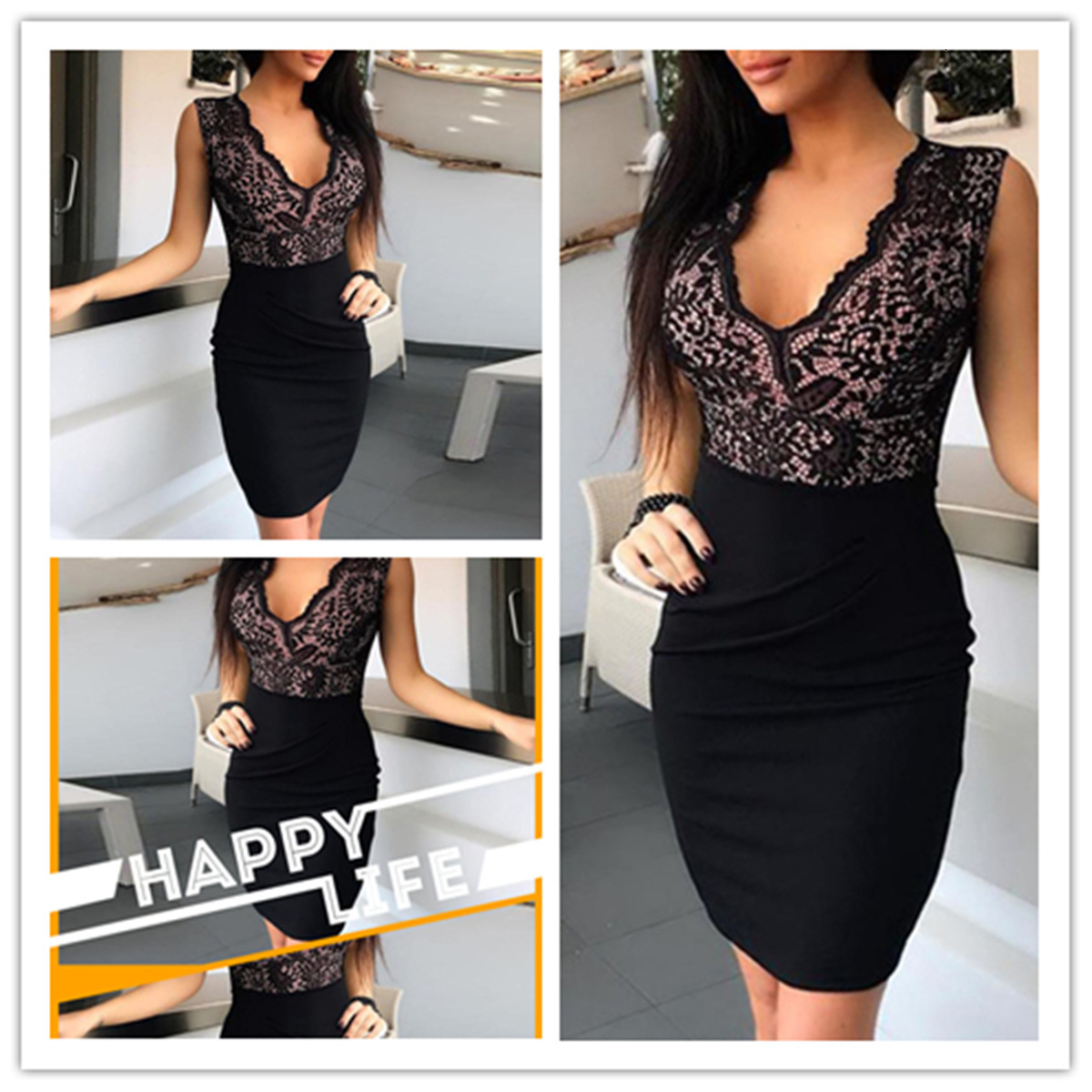 BacklakeGirls Black Lace Sexy V Neck Sleeveless Cocktail Dress 2019 Short Cocktail Party Dress Vestidos De Fiesta Cortos