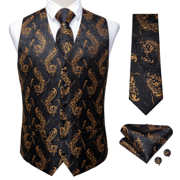 2020 New Fashion Men's Suit Vest Gold Paisley Black Silk Waistcoat Sleeveless Formal Business Jacket Dress Vests For Men DiBanGu