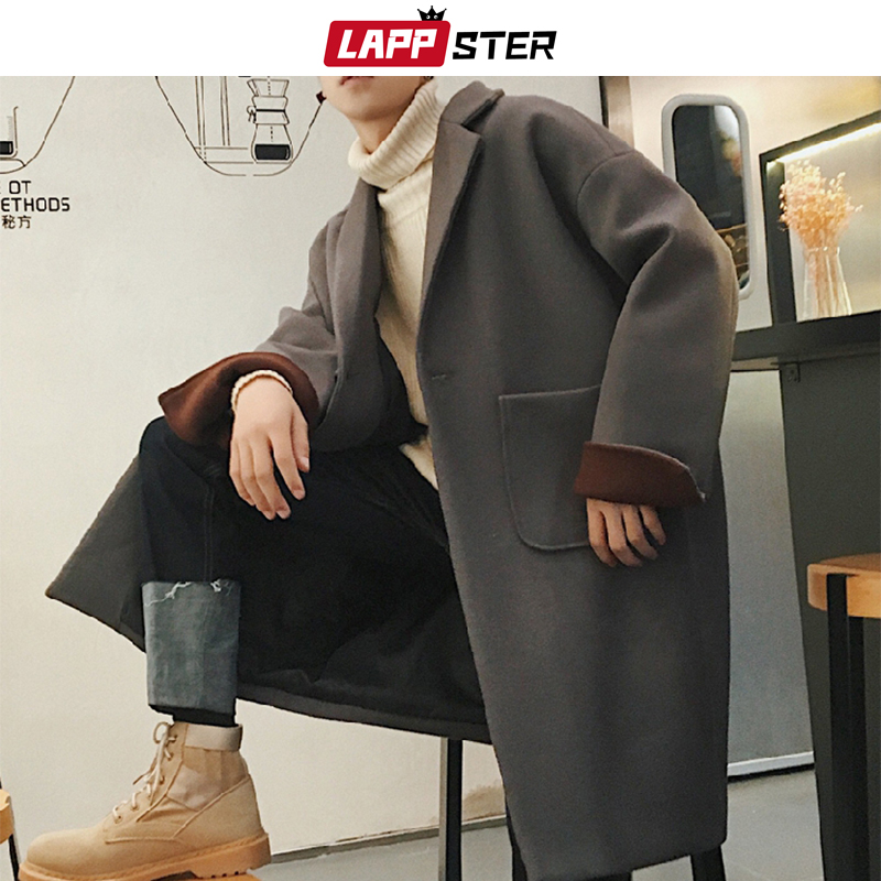 LAPPSTER Men's Winter Coat Vintage Woolen Overcoat 2020 Mens Japanese Streetwear Pockets Wool Coats Male Korean Long Jacket Coat