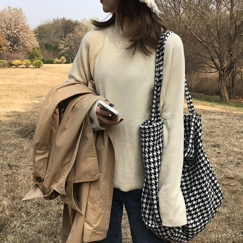 Extra Large Women Woolen Canvas Bags Houndstooth Pattern Design Female Big Tote Handbag Casual Shoulder Shopping Bag For Ladies