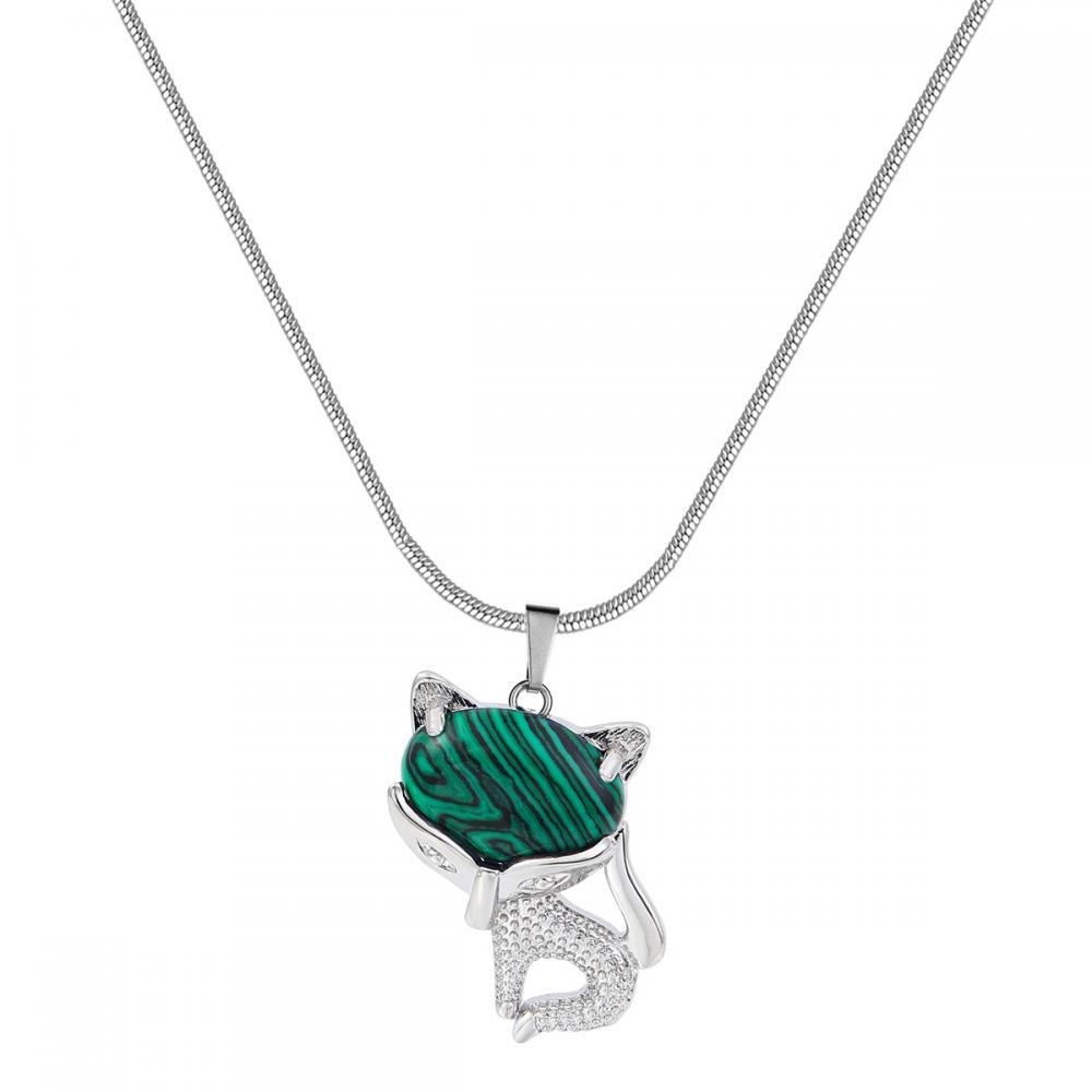 Malachite Luck Fox Necklace for Women Men Healing Energy Crystal Amulet Animal Pendant Gemstone Jewelry Gifts