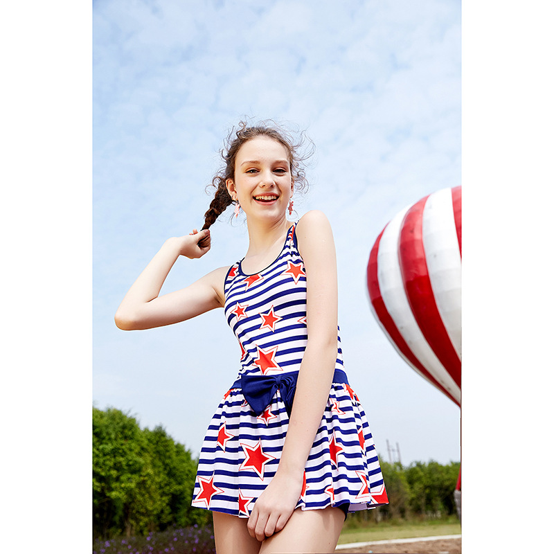 Bowknot Star Swimsuit Striped Swimwear Children Layered Ruffles Bathing Suit Child Beachwear Kids Sport Swimsuit