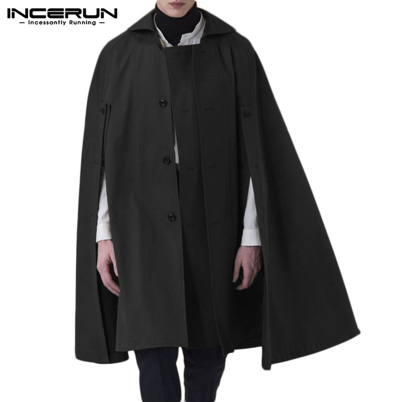 Men Cloak Coats Solid Color Button Up 2021 Turn Down Collar Poncho Fashion Long Trench Streetwear Windproof Mens Jackets INCERUN