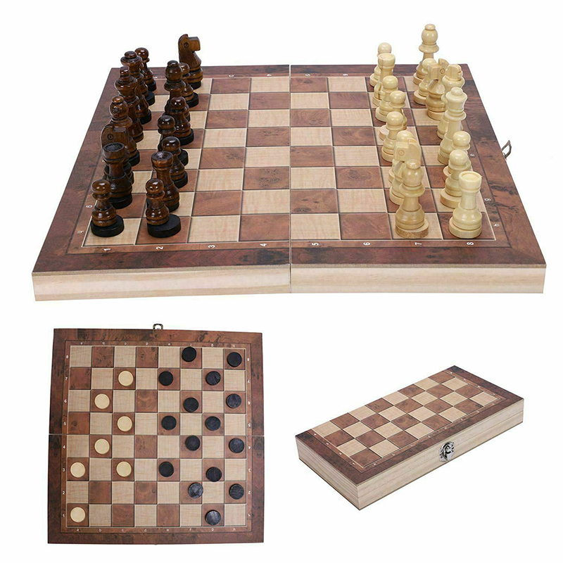 4 in 1 Foldable Wooden Chess Board Set Travel Games Chess Backgammon Checkers Toy Chessmen Entertainment Game Board Toys Gift