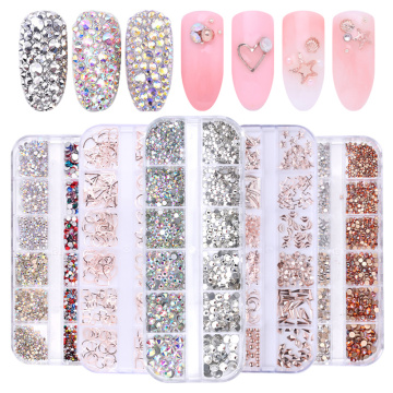 1 Box Hollow Studs Nail Art Rhinestone Gold Silver Clear Flat Bottom Mixed Shape DIY Nail Art 3D Decoration In Wheel