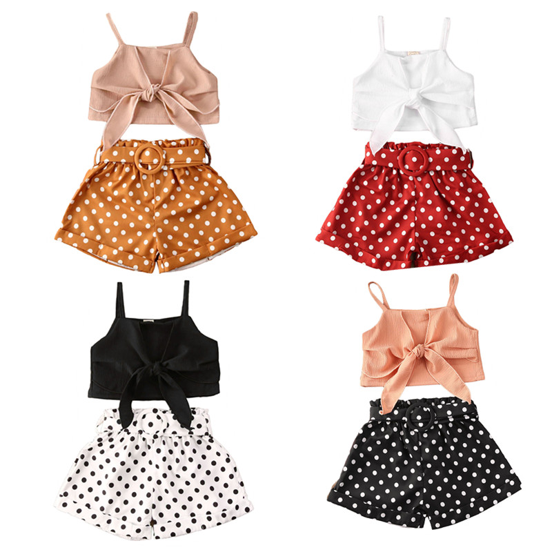 Citgeett Summer Kids 1-6T Baby Girls Fashion Clothes Bow Vest Crops Tops Polka Dot Shorts With Belt Sunsuit