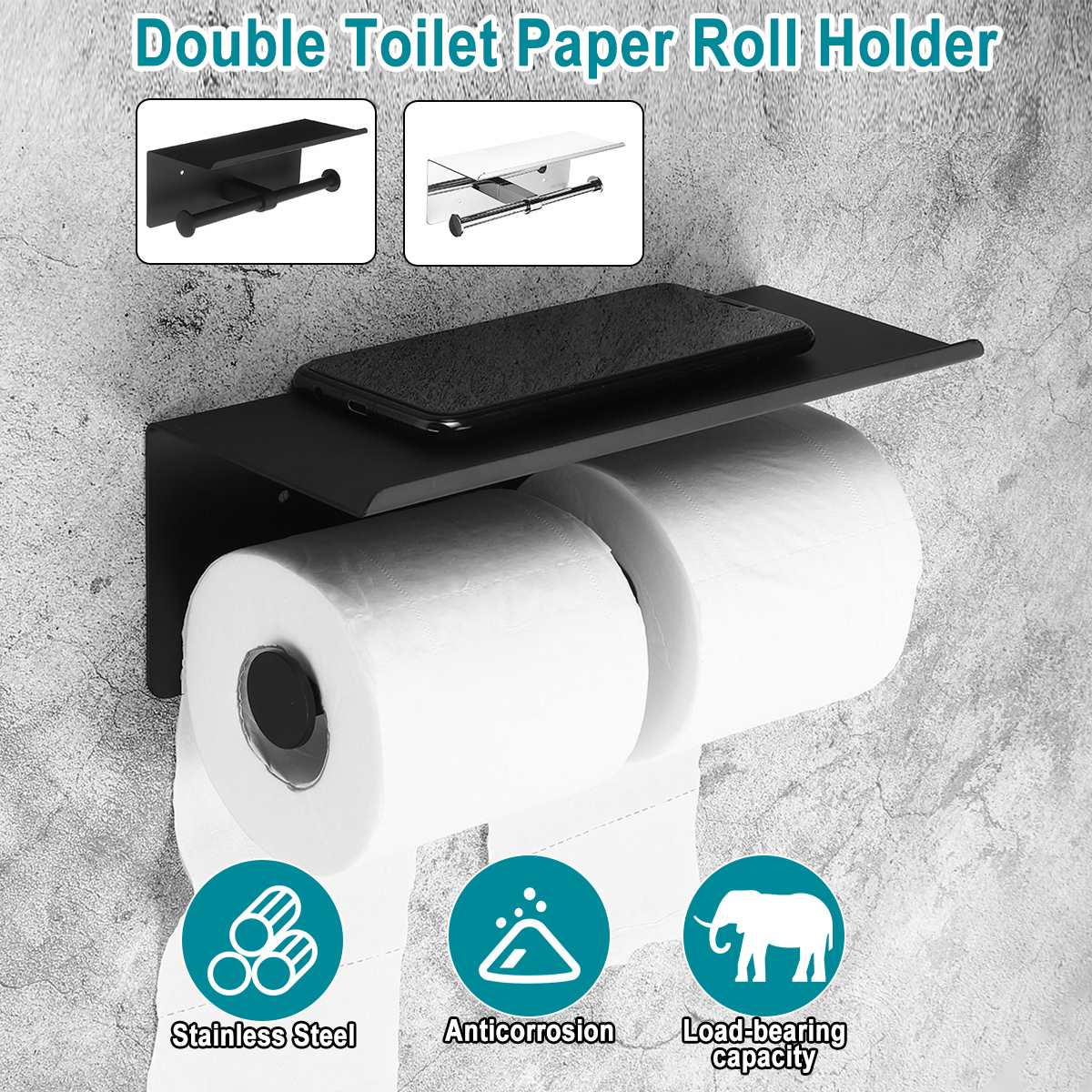 Roll Holder Multi-function Double Toilet paper holder wall moounted Mobile phone rack black Bathroom roll holder Stainless Steel