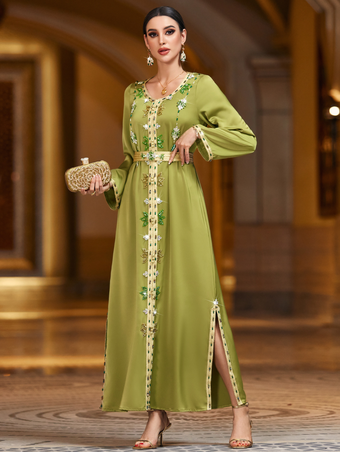 Rhinestone Decorated Abaya Front View