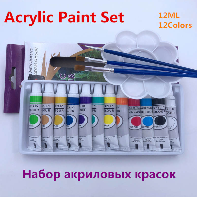 12ML 12Colors Set Acrylic Paints Pigment for Artists 12 Tubes Nail Art Painting Drawing Tool Free For Brush And Paint Tray
