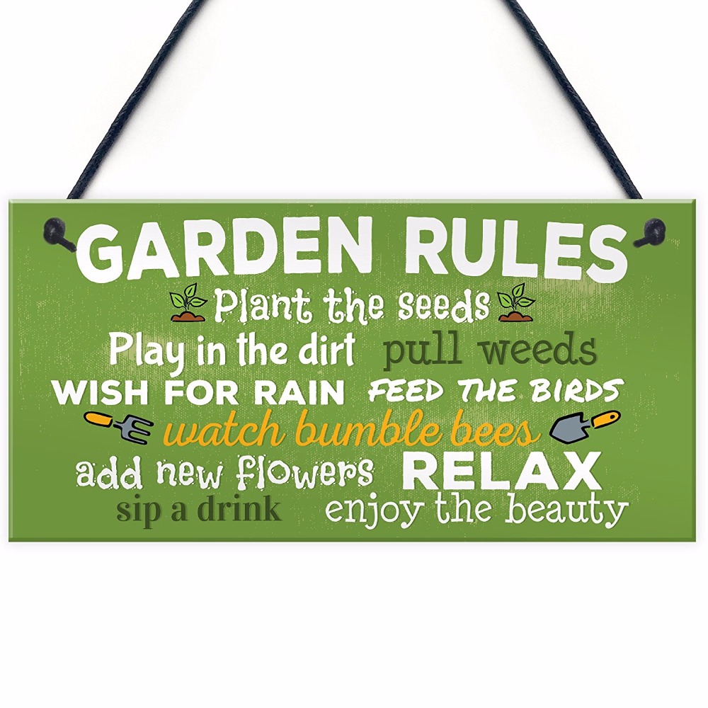 Meijiafei Garden Rules Relax Novelty Hanging Plaque SummerHouse Sign Garden Shed Friendship Sign 10" x 5"