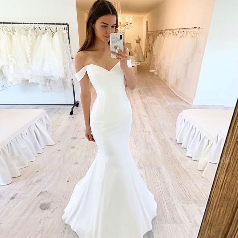 Angelsbridep Sexy Off-Shoulder Mermaid Wedding Dress 2021 Simple Design V-neck Bride Dresses African Wedding Gowns Boho Lace-up