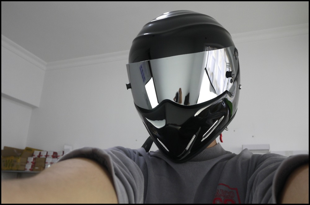 The Grand Tour Stig Helmet / Motorcycle Motorbike Carting Helmet / Bright Black Color & Silver Visor Helmet + SIMPSON Sticker