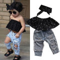 SUNSIOM Toddler Baby Girl Clothes Sets Dot Sleeveless Tops Vest Hole Jeans Denim Pants Hairband Outfits Baby Summer Clothing