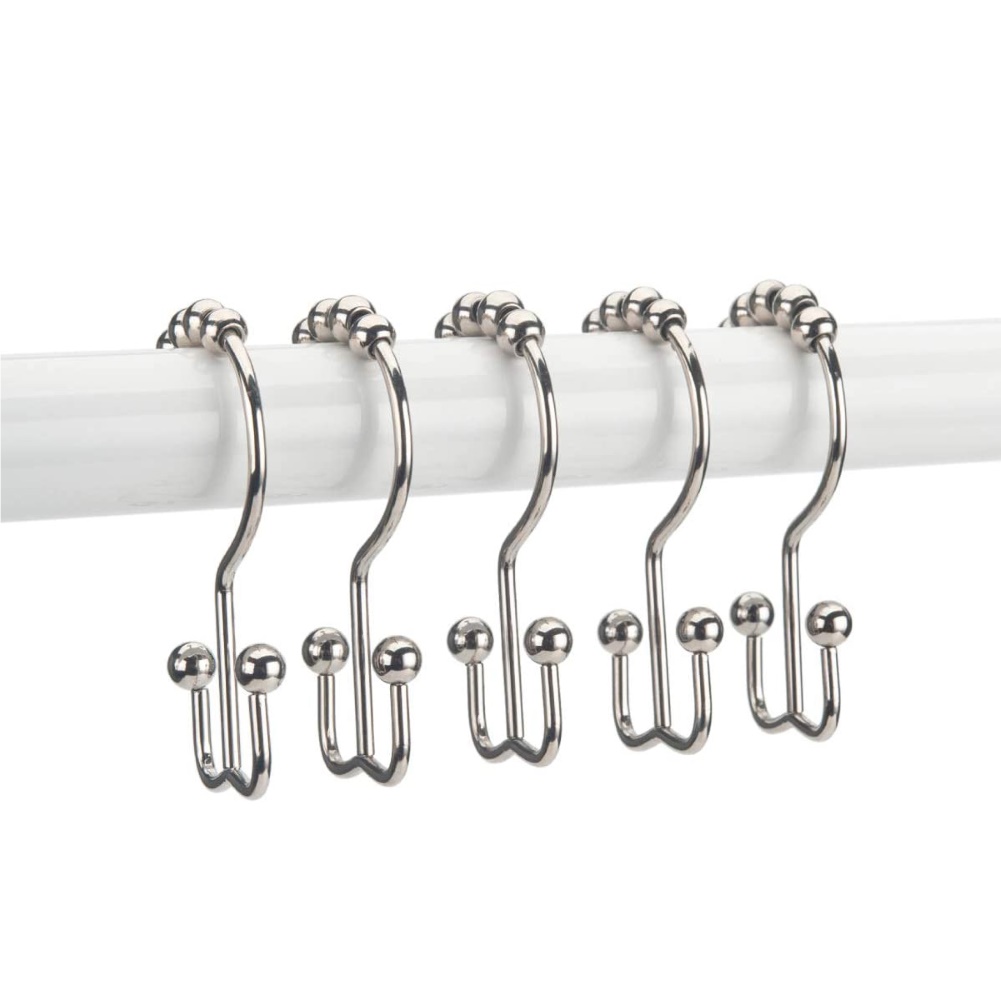 5Pcs Silver Color Creative Double Glide 8-Bead Heavy Duty Bathroom Shower Rod Curtain Hooks Rings Polished Satin Nickel Ball