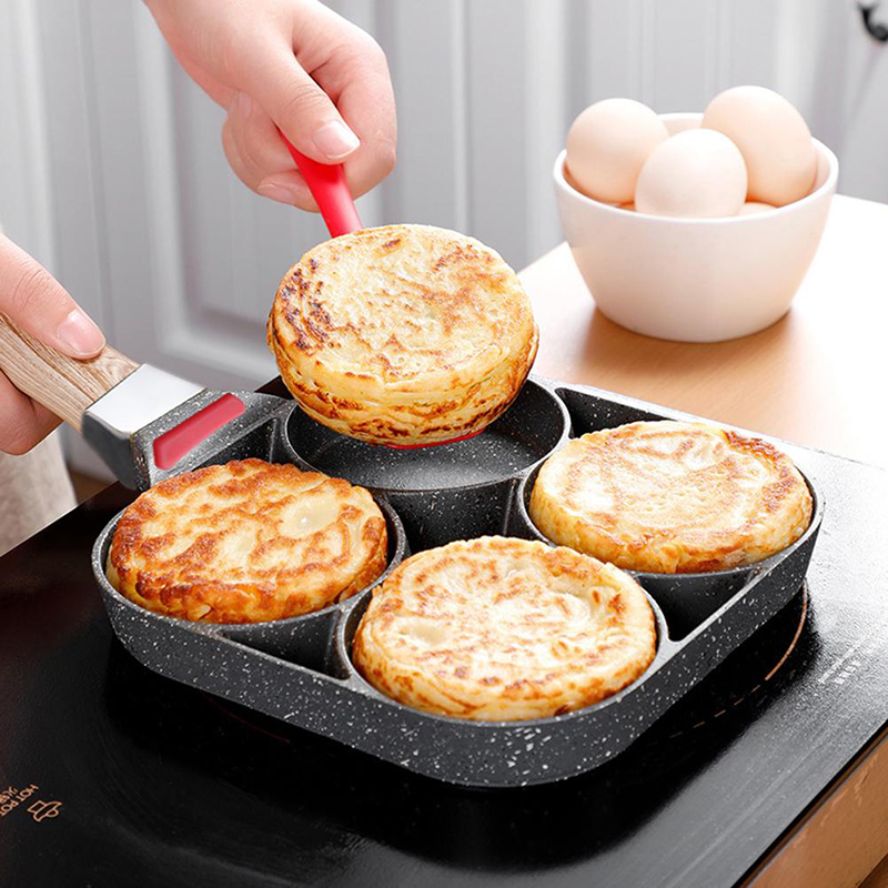 4 Hole Fried Egg Burger Pan Non-stick Ham Pancake Maker Wooden Handle Suitable For Gas Stove And Induction Cooker Kitchen Tools