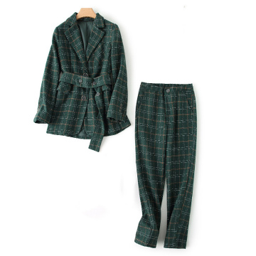 Plus size women's autumn and winter professional suit pants two-piece suit woolen plaid female jacket Slim pants high quality