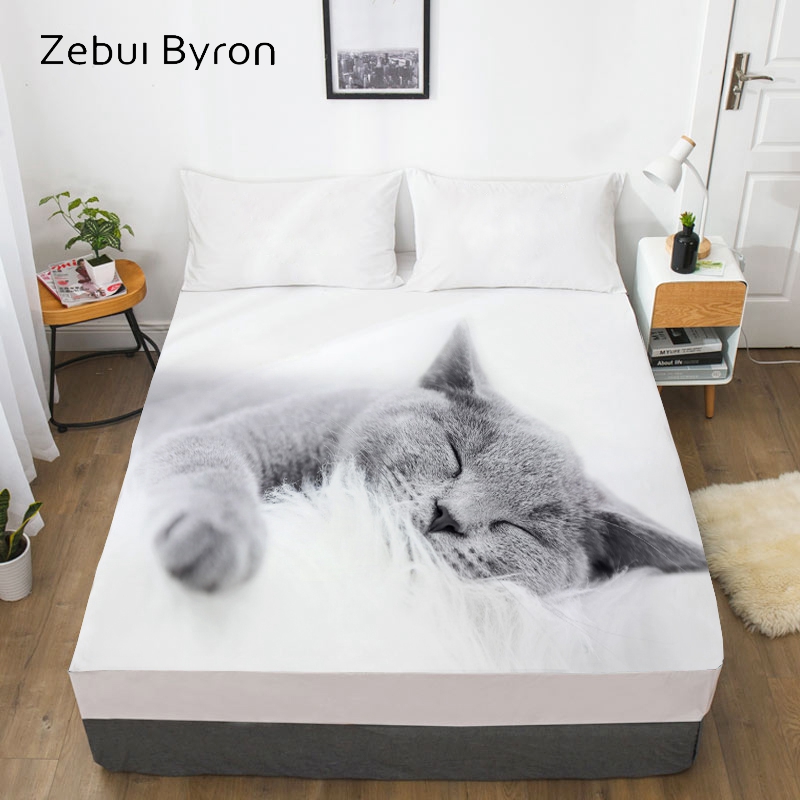 3D Fitted Sheet,Bed Sheet With Elastic Queen/King/Custom,Mattress Cover 180/150*200/160x200 Animal cute cat pattern