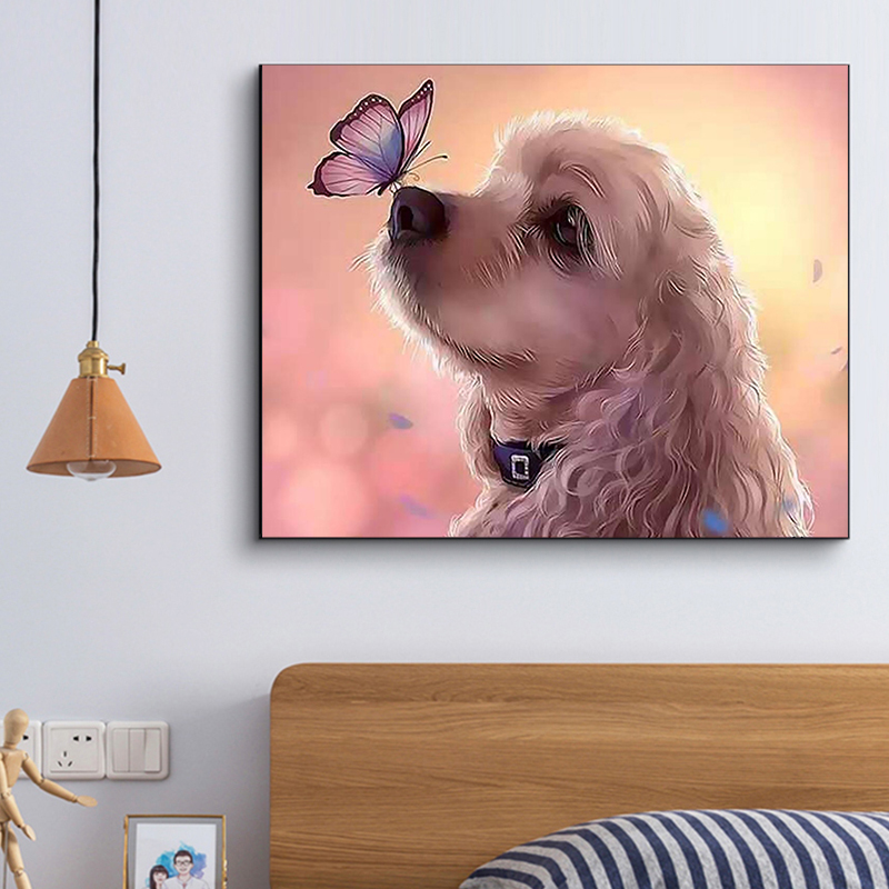 Framless Lovely Dog Acrylic Canvas Oil Paintings Butterfly Pictures Modern Animal oil painting Wall Art picture Kid's Room Decor
