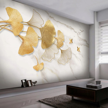 Photo Wallpaper Modern Fashion Light Luxury Hand Painted 3D Golden Ginkgo Leaf Flying Bird Marble Pattern Background Wall Murals