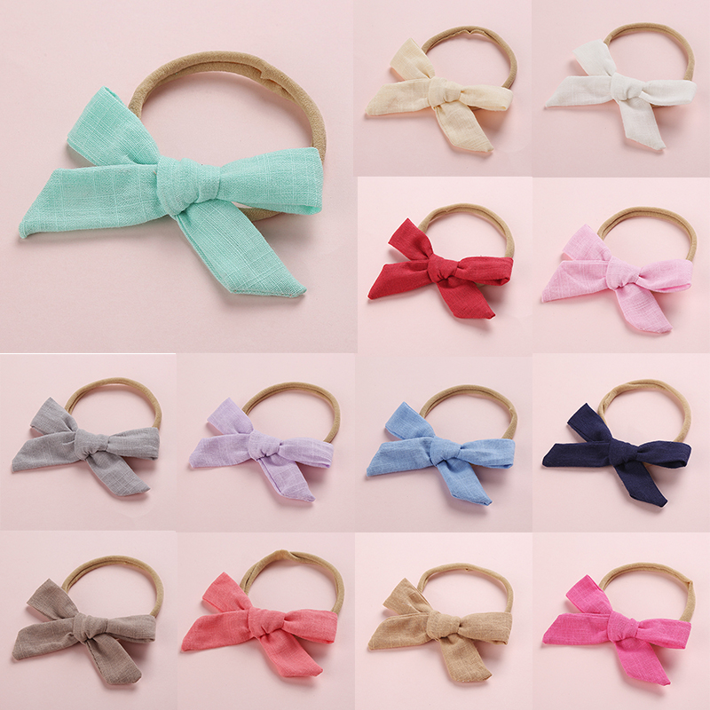 New Baby Toddler Cotton Linen Nylon Bow Headband Solid Color Seamless Kids Top Bows Elastic Hair Bands Headwrap Hair Accessories