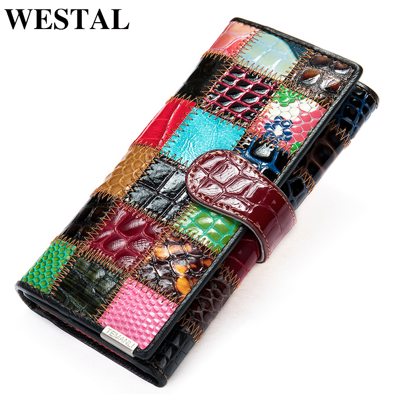 WESTAL women's wallet genuine leather patchwork wallet for women zipper ladies clutch bags with cellphone holder wallet long 420