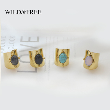 Wild&Free Stainless Steel Gold Color Wide Rings For Women Big Natural Stone Finger Ring Vintage Jewelry Best Gift