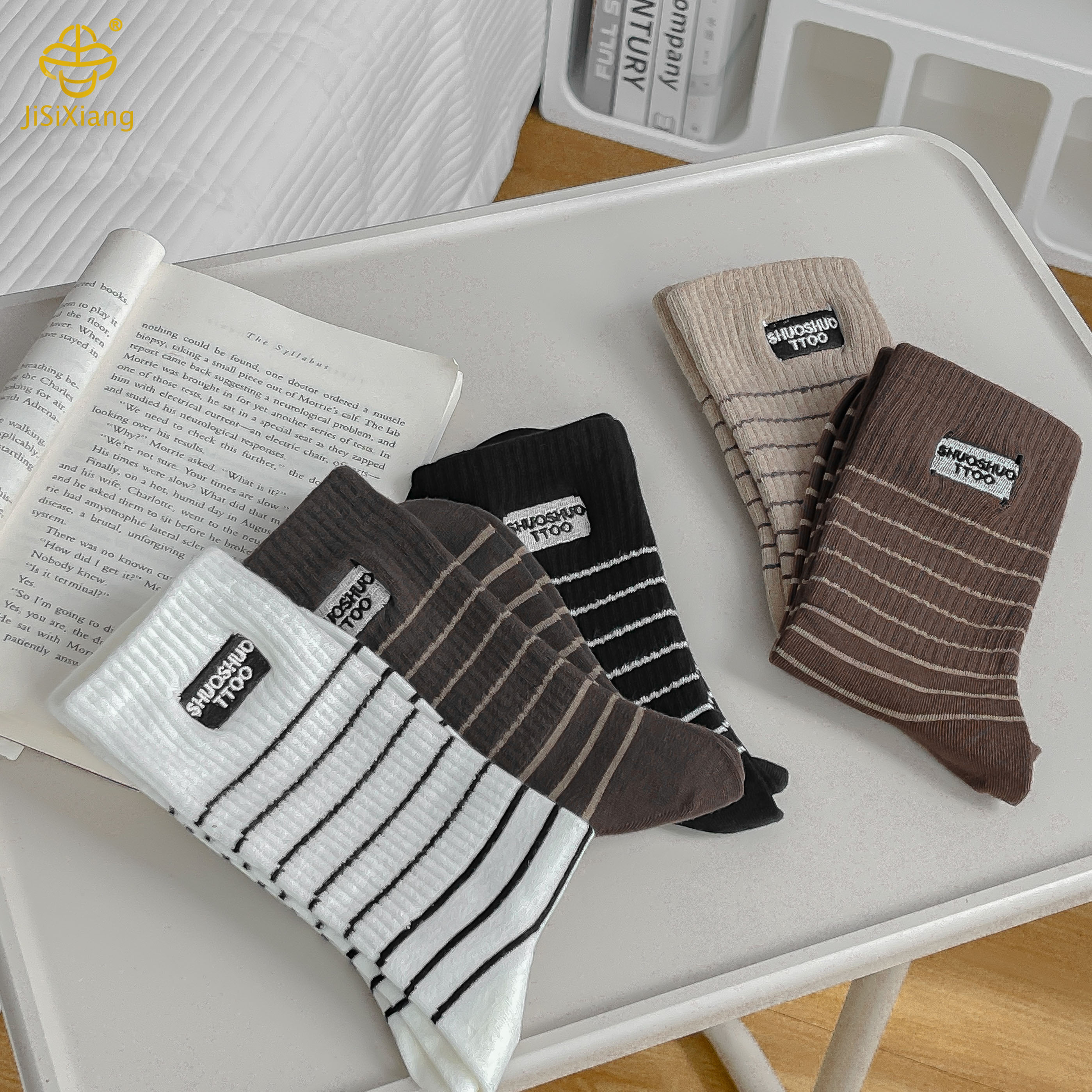 striped letter embroidery, mid tube socks, college style