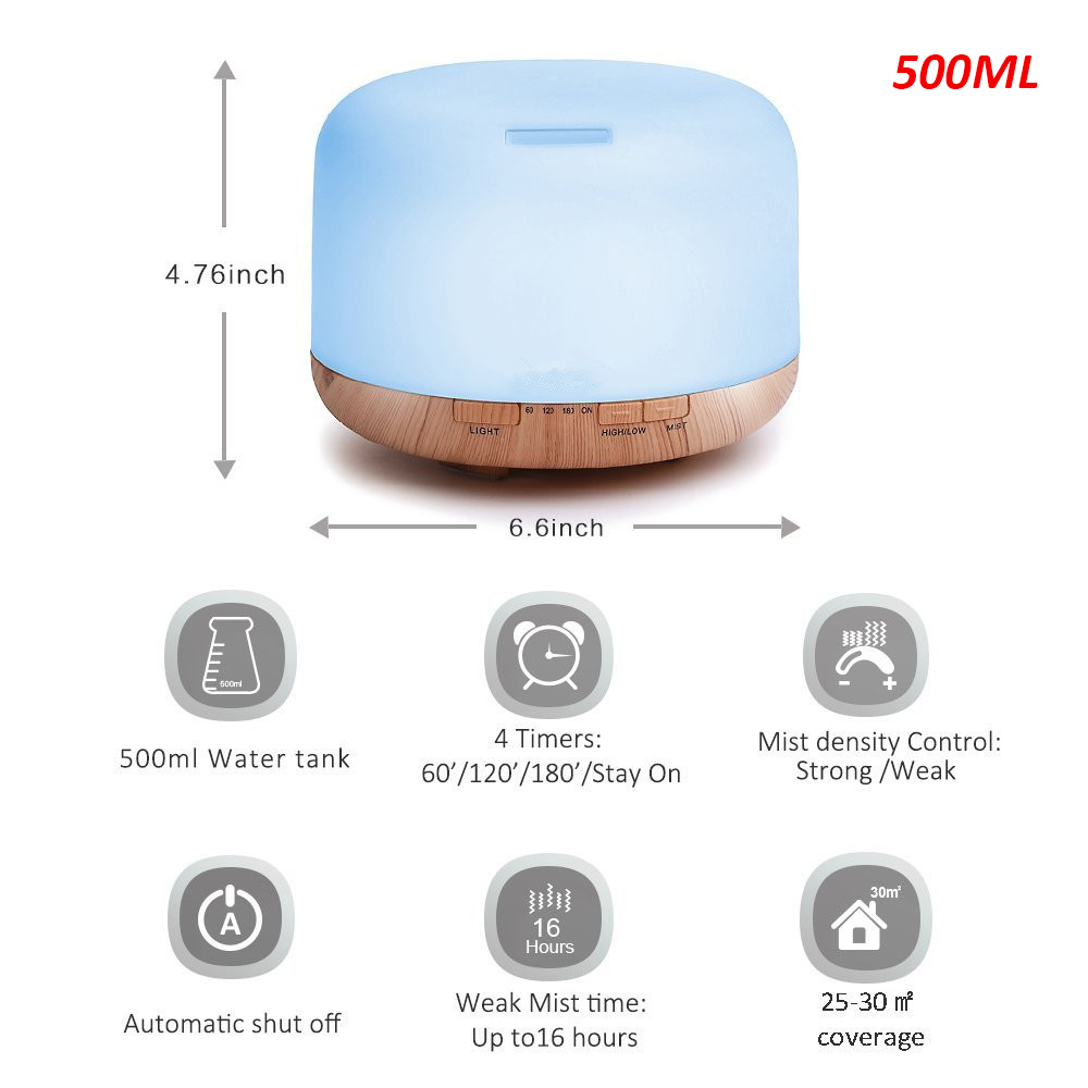 500ML Aroma Diffuser Ultrasonic Air Humidifier with LED Night Light for Home Room Electric Essential Oil Aromatherapy Diffuser