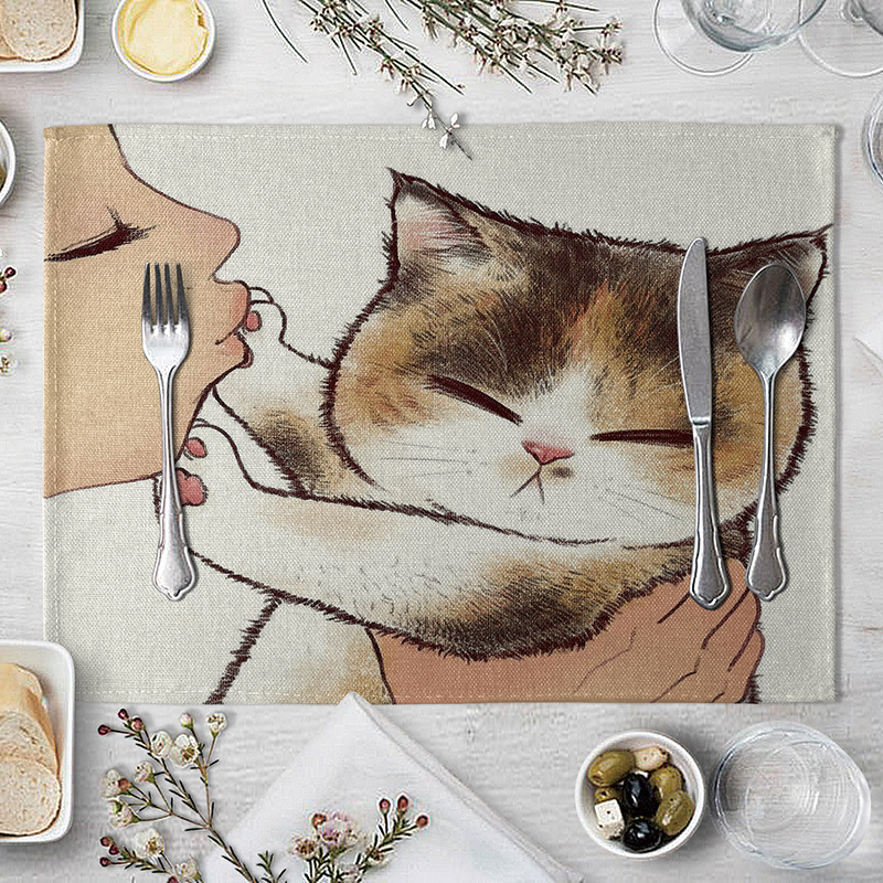 Cat Linen Table Mat Cute Cat Cartoon Animal Pattern Placemats For Children Kids Kitchen Dining Place Mats Pads