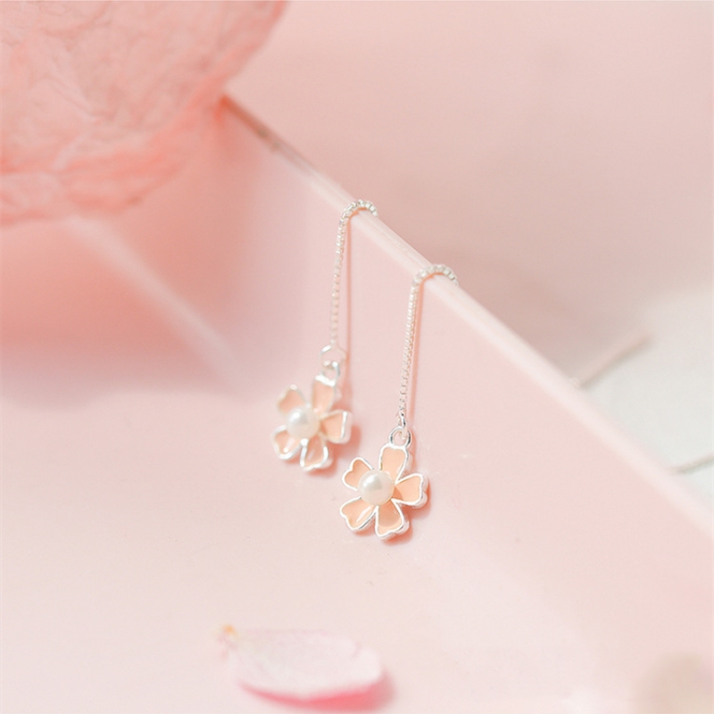 Korean Pearl Fresh Cherry Blossom Ear Wire Flower 925 Sterling Silver Temperament Personality Fashion Female Earring SEA043