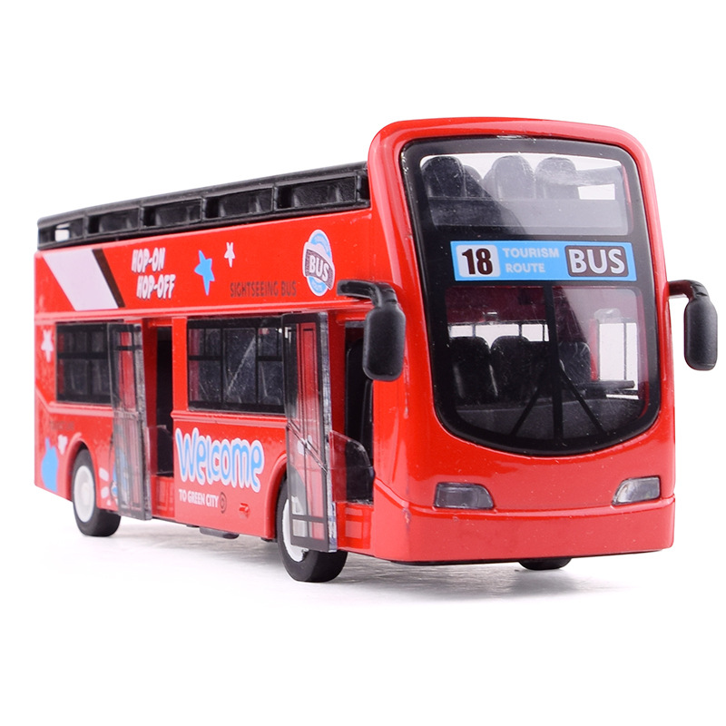 1:32 Alloy Bus Car Model Sightseeing Acoustic Light Double Deck Outdoor Bus Model Pull Back Doors Open Car Kids Toys Cars Gift